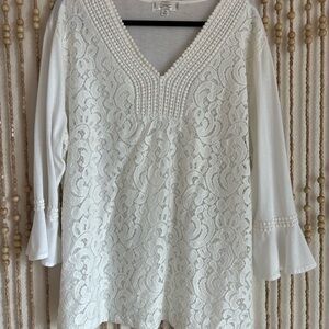 Shannon Ford White Crochet Lace Boho Bell Sleeve Coquette Western Cottage Blouse